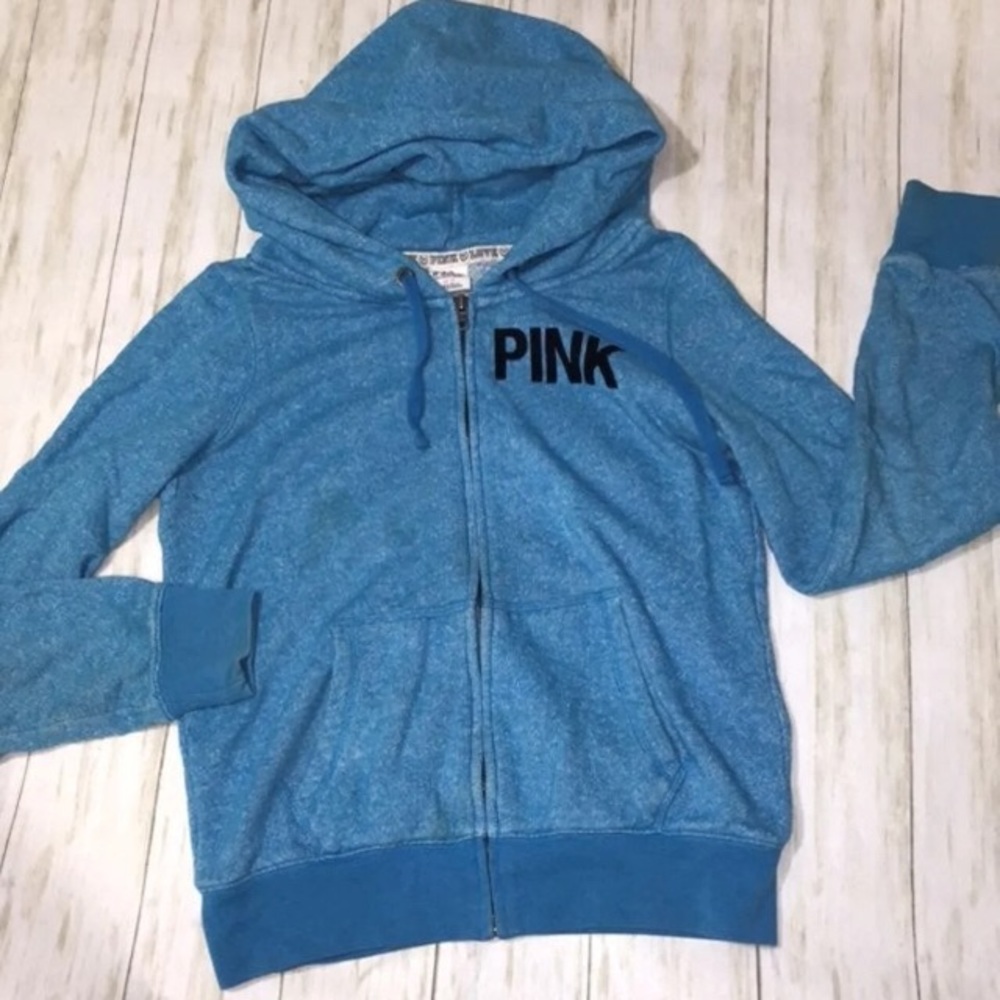 Victoria Secret PINK Blue with velvet letters Full Zip Up Sweatshirt SZ M